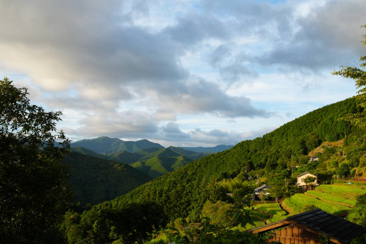 山並みを望む斜面に、集落と緑の畑が広がる風景